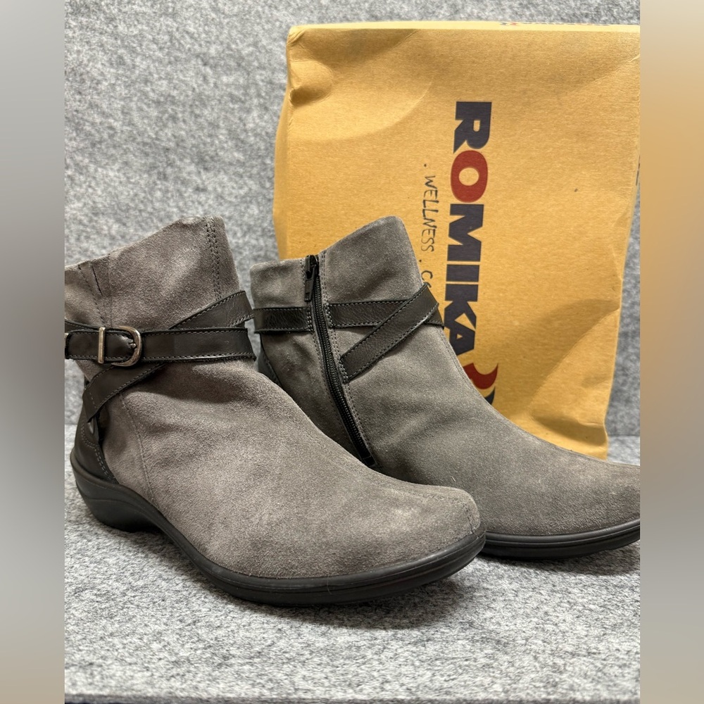 NEW‎ in box…Romika women’s grey suede ankle boots. Size 37/6-6.5